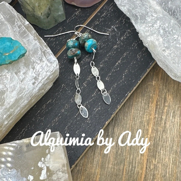 Turquoise and silver very long minimalist dangle Victorian earrings - Picture 1 of 6